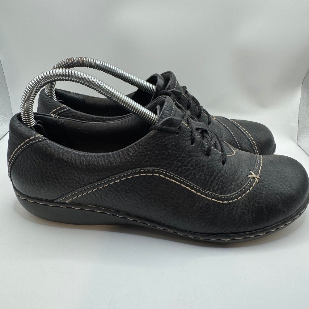Clarks 8.5 Bendables Oxford Womens Black Leather Contrast Stitch Lace Up Shoes